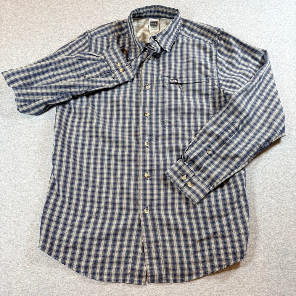 The North Face Button Down Shirt Mens S Blue Plaid Long Sleeve Hiking Outdoor